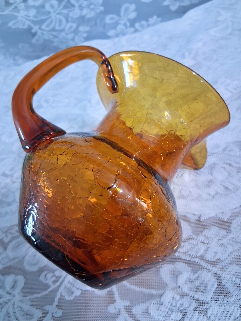 Vintage Mid-Century Amber Art Glass Pitcher Crackle Finish Medium Size MCM - Picture 6 of 16